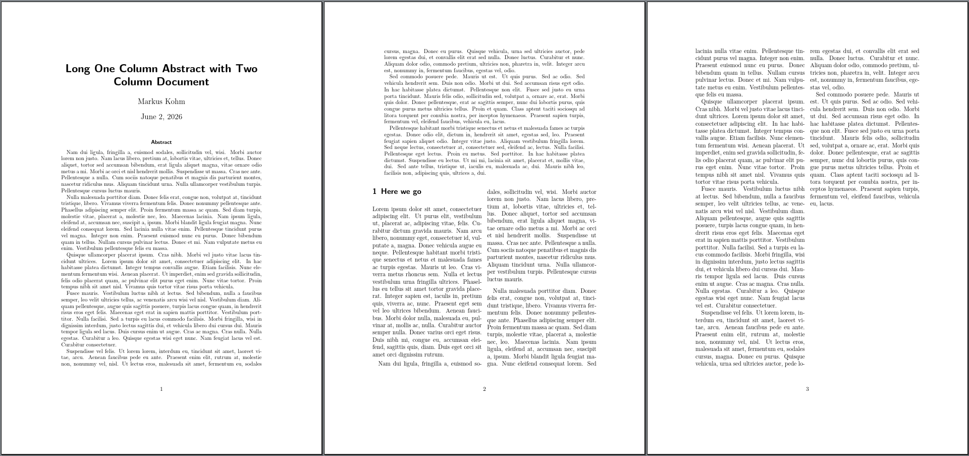Three-page document: Title + Abstract on pages 1 and 2 in a single column; the two-column text begins below the Abstract on page 2